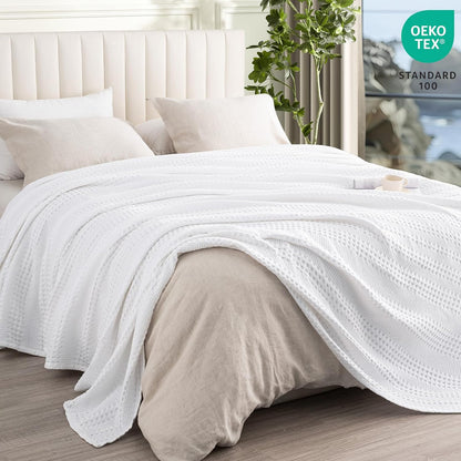 PHF Cooling Waffle Blanket Queen Size, Lightweight 60% Rayon Derived from Bamboo & 40% Cotton Breathable Blanket for Hot Sleepers, Soft and Luxury for Bed Couch and Sofa, 90"x90", White