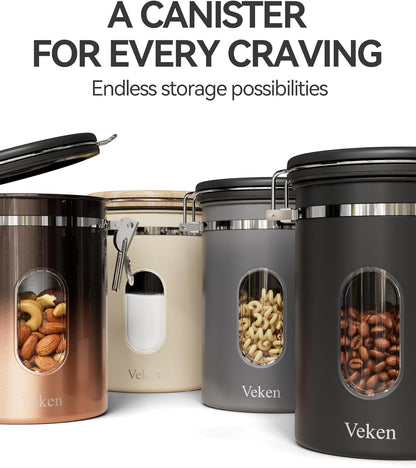 Veken Coffee Sugar Canister with Window, Coffee Lover Gift Set,Airtight Stainless Steel Kitchen Food Storage Container Gifts, Date Tracker & Scoop for Grounds Coffee,Beans,Tea,Flour,Cereal,22OZ,Cream