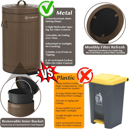 PAWZIDEA Dog Poop Trash Can Outside Odor Control, 3.1Gallon Pet Waste Trash Can Outdoor Waterproof, Dog Poop Container Bin Outdoor Garbage Can with Lid, 7.8in Activated Carbon Filter Pet Waste Station