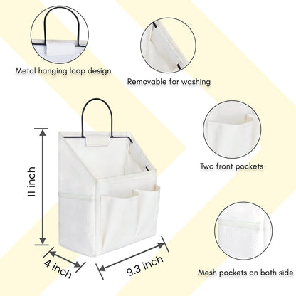 2pcs Small Wall Hanging Organizer Bag, Linen Fabric Door Hanging Storage Basket with Pockets, Waterproof Bin for Kitchen, Bedroom, Office, RV Camper (White)