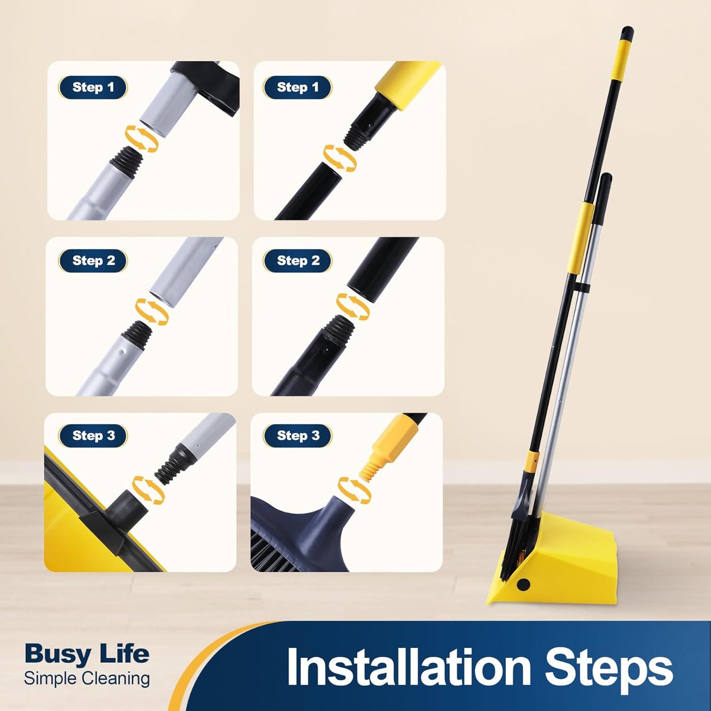 Yocada Commercial Broom and Dustpan Set with Comb Commercial Outdoor Indoor for Courtyard Garage Lobby Mall Market Floor Home Kitchen Room Office Pet Hair Rubbish