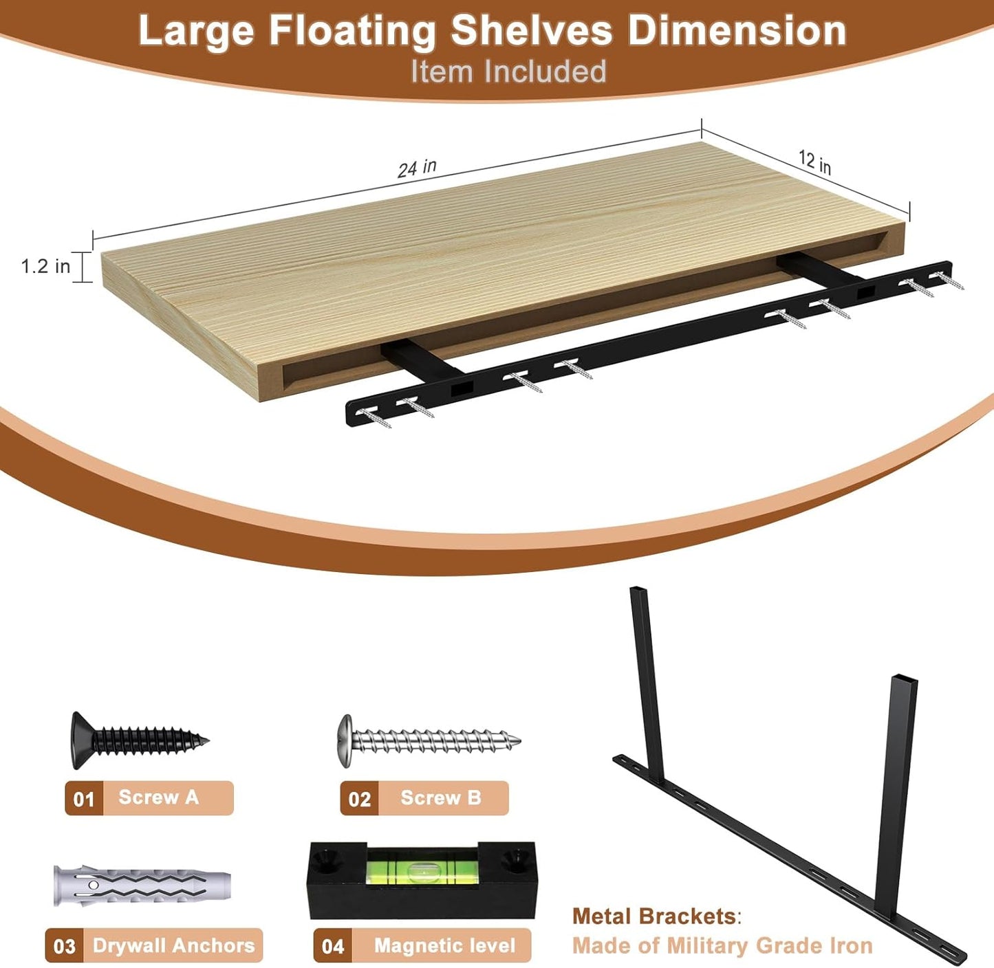 12 Inch Deep Floating Shelves for Wall 2 Pack Floating Shelves Large Storage Space Wall Mount Shelf for Living Room Kitchen Bathroom 24" W x 12" D x 1.2" H Oak