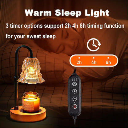 Candle Warmer Lamp with Timer and Dimmer - Adjustable Height Wax Melt Warmer, 4 Brightness Levels, 2/4/8H Timer, Wood Base & Glass Shade, Includes 2 GU10 Halogen Bulbs for Home Decor