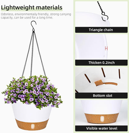 QCQHDU 2 Pack Hanging Planters for Indoor Outdoor Plants, 10 Inch Hanging Baskets Flower Pots with Reservoir Tray & Visible Water-Level