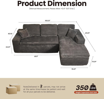 ovios 105” Modular Sectional Sofa with Thicken Seat Cushion, Cloud Couch with Deep Seat, Modern L-Shape Sofas Couches with Chaise,Upholstered Couches for Living Room Bedroom,Grey
