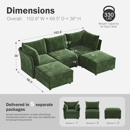 102.6" U Shaped Modular Sectional Sofa, 5 Seater Couch with Storage Ottoman Deep Seat and High Backrest with Removable Cover for Living Room, Apartment - Chenille Green