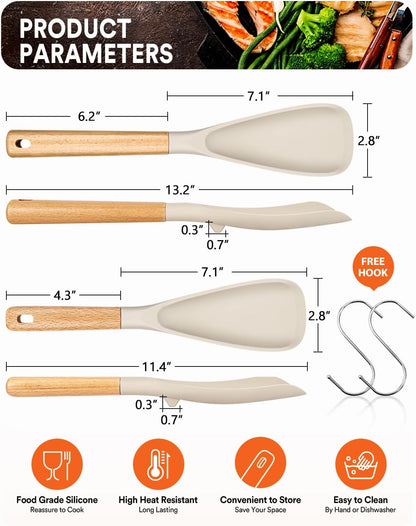 Multifunction Spatula Spoon for Nonstick Cookwares, Great for Cooking and Serving, Sturdy BPA-Free Matte Silicone, Wood Handle Spatula for Mixing, Scoop, and Scrape, Khaki(2 pack,11.4" & 13.4")