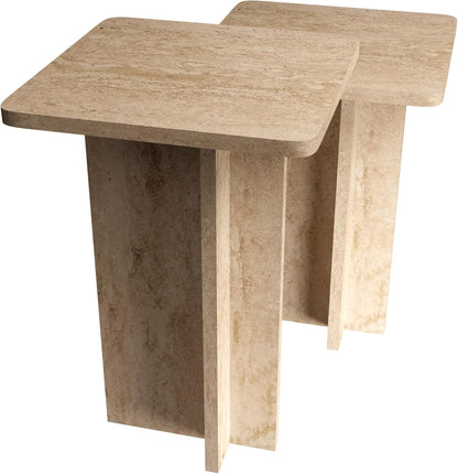 Travertine Efect Square Nesting Table Set of 2 Modern Coffee Table Small Side Table End Table for Living Room