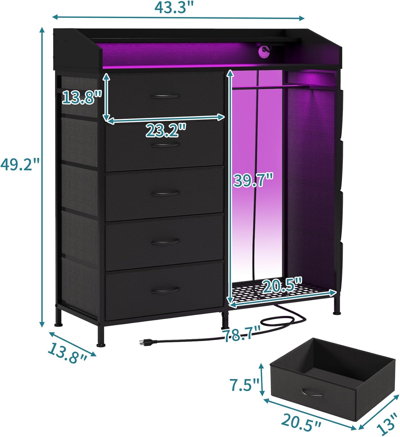 LUMTOK 2-in-1 Dresser with Hanging Racks,5 Fabric Drawers Dressers with LED Lights, Charging Station for Bedroom Living Room, Entryway, Closets (Black)