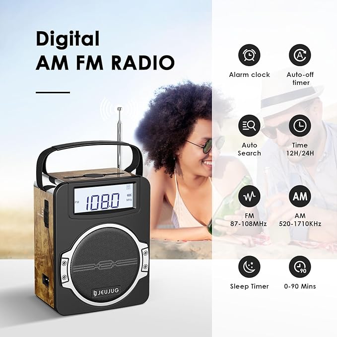 Radio Portable AM FM Digital Radios Clock Radio with Bluetooth 5 Watts Loud Speaker Rechargeable AM FM Radios Plug in Wall Battery Operated Best Reception for Home Outdoor Great Retro