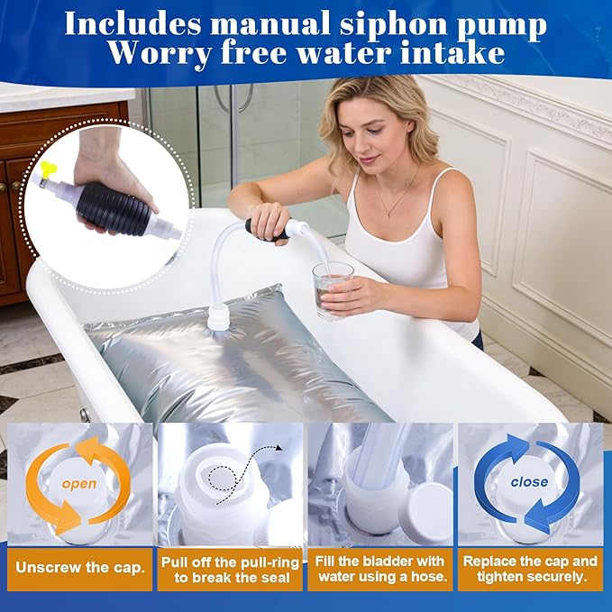 116 Gallon Emergency Water Storage, Bathtub Drinking Water Bladder with Hand Pump, Storage Emergency Drinking Water Container, Tub Water Storage Bag for Camping Hurricane RV Traveling