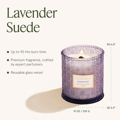 LA JOLIE MUSE Lavender Suede Candle – Eucalyptus, Lavender & Sandalwood 19 oz Large Wooden Wick Candle | Natural Soy Wax | 90 Hours Clean Burn | Aromatherapy Candle for Relaxation