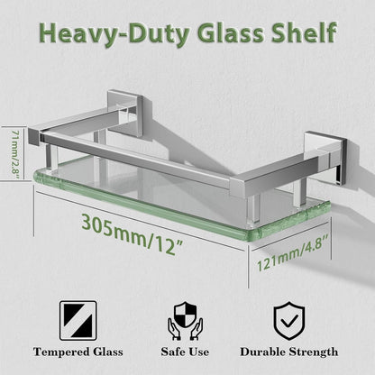 Alise Glass Shelves for Bathroom Wall, Tempered Glass Bathroom Shelf Wall Mounted, Modern Space Saving Floating Shelves 12 inch, Polished Chrome