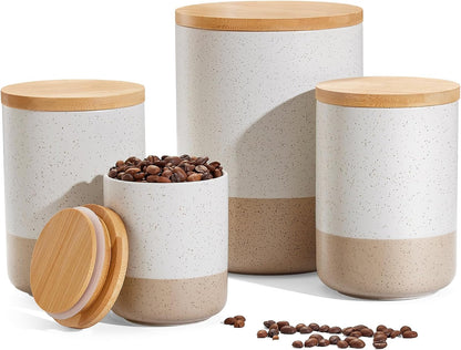 Yangbaga Canisters Sets for Kitchen Countertop-Set of 4 Ceramic Kitchen Canisters Food Storage Jar with Airtight Wood Lids & Spoons & Label,Large Flour and Sugar Containers for Serving Ground Coffee