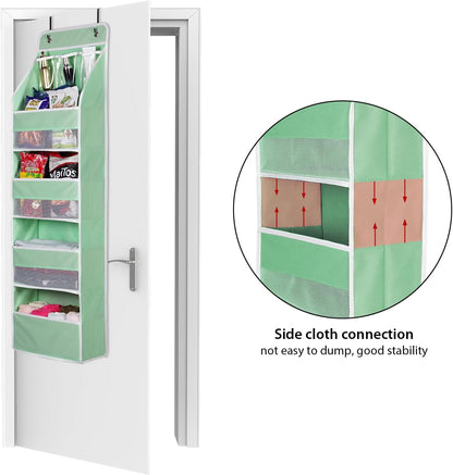 Univivi 5-Shelf Fabric Door Storage Over Door Hanging Organizer with 4 Large Pockets and 3 Small PVC Pockets Nursery Closet Cabinet Wall Mount Hanging Storage Organizers for Baby Nursery (Green)