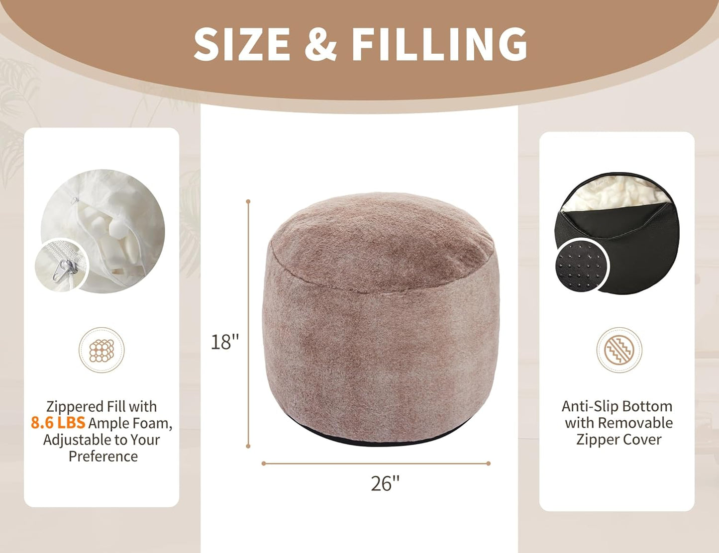 Round Pouf Ottoman 26 * 18" Small Ottoman Foot Rest Pouf Brown Foot Stools for Living Room Comfortable and Dirt Resistant Poofs/Ottomans Furniture Round Ottomans Floor Poufs for Home Decor