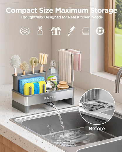 Nacial Sponge Holder for Kitchen Sink, Sink Caddy Organizer with High Brush Holder, Two Towel Racks & Soap Dispenser- Rustproof 304 Stainless Steel Kitchen Countertop Storage Essentials - Gris