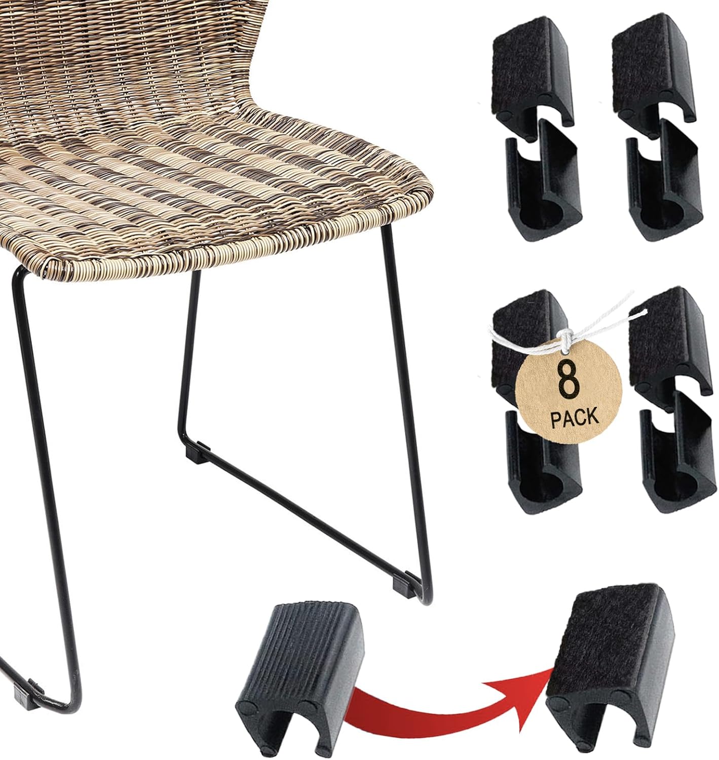 Rectangle U Shaped Chair Leg Tips Caps with Felt Pads,Furniture Feet Protector Slide Smoothly Glides No Scratches No Noise Protect Hardwood Floor,Fit 12mm(15/32inch) Diameter Tubular Leg (Black 8PCS)