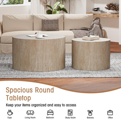 Round Nesting Coffee Table Set of 2 Modern Wood Coffee Tables Handcraft Drum Coffees Table Farmhouse Round Sofa Side Tables End Table for Living Room Small Spaces, No Assembling (Travertine Large)
