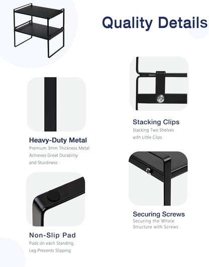 Nxconsu 2Pack Cabinet Shelves Stackable Shelf Organizer Rack Riser for Kitchen Cabinet Pantry Cupboard Counter Countertop Home Organization Storage Space Saver Heavy Duty Metal Nonslip Black Wide