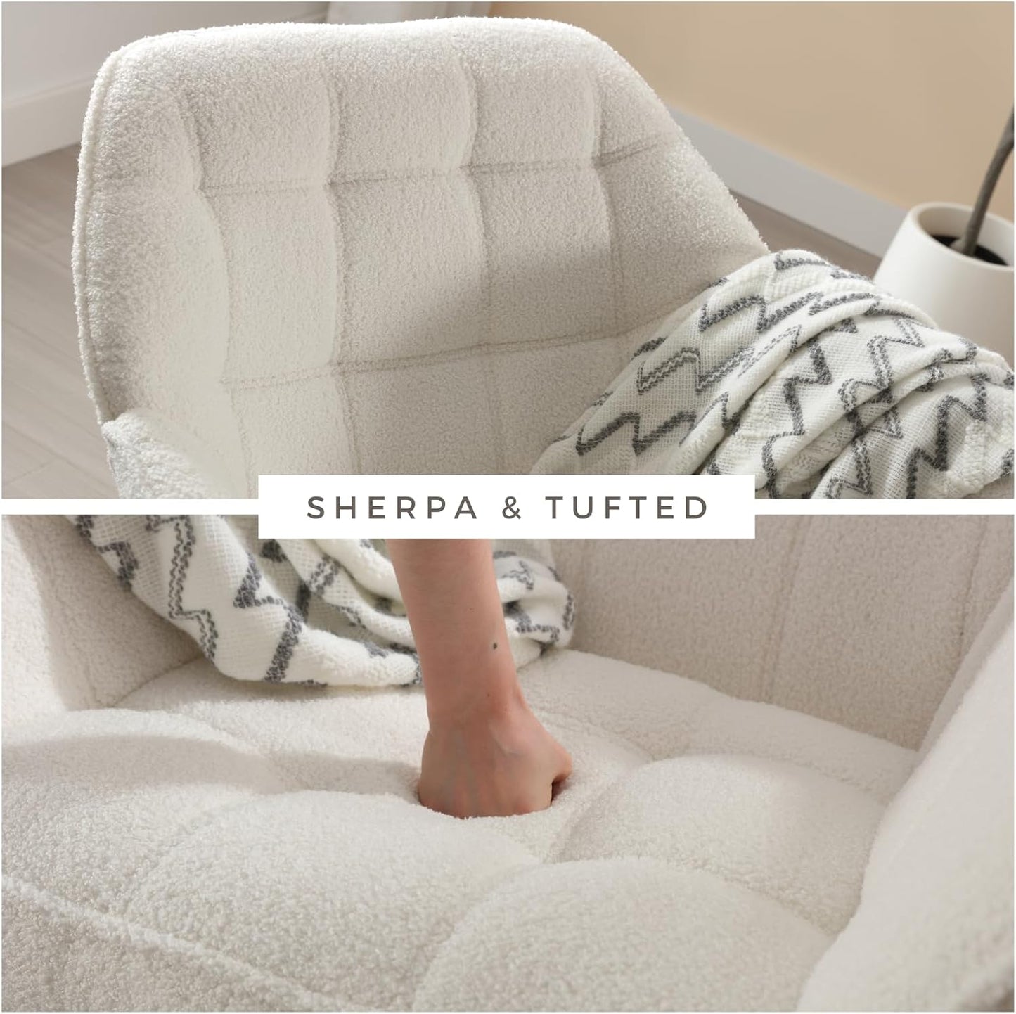 Modern Sherpa Accent Chair with Ottoman, Fluffy Upholstered Lounge Chair with Footrest, Comfy Living Room Side Boucle Armchair for Small Space Bedroom Apartment, White