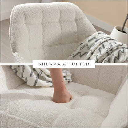 Modern Sherpa Accent Chair with Ottoman, Fluffy Upholstered Lounge Chair with Footrest, Comfy Living Room Side Boucle Armchair for Small Space Bedroom Apartment, White