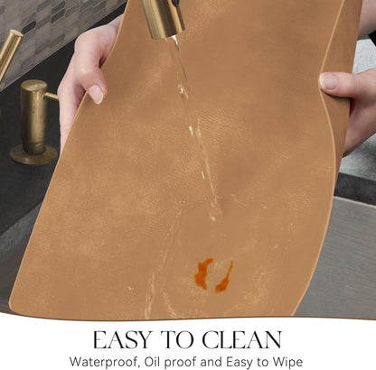 MOSAYT Vinyl Placemats Set of 4-12 X 17 Inch - Faux Leather 100% Waterproof Oil-Proof Wipeable PU Place Mats, Heat Resistant Reversible Table Mats for Kitchen, Dining, Outdoor (Camel)