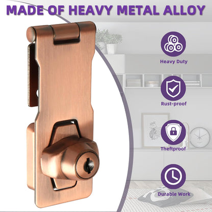 Alise Keyed Hasp Lock,4 Inch Safety Packlock Clasp Hasp Lock Latch with Lock,Door Hinge Lock with Keys Keyed Locking Hasp for Cabinets Closets Doors,Red Bronze