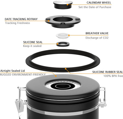 Coffee canister for ground coffee with Scoop Date Tracker One Way Co2 Valve 304 Stainless Steel Kitchen Food Airtight storage container for Coffee Beans,Grounds,Tea,Sugar (Silver, 16oz)