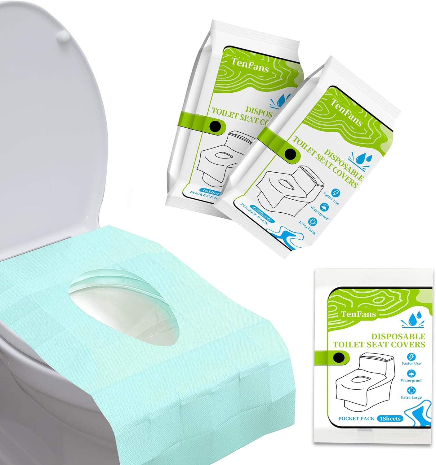 TenFans Toilet Seat Covers Disposable - 20 Count Individually Travel Pack - Sticker Free Faster Use - Waterproof XL Covers for Adults and Kids - Travel Accessories Public Restrooms, Camping, Airplane