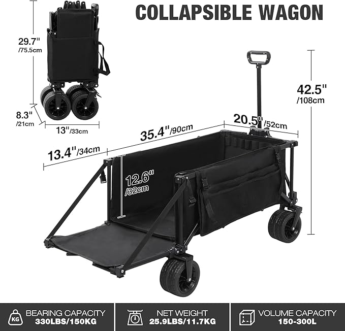 REDCAMP 49" Folding Dog Wagon Cart with Tailgate Heavy Duty, 300LBS Large Collapsible Extended Utility Cart Fishing Wagon with Extendable Rear End for Sports Shopping Pet