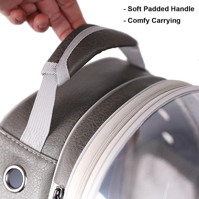 halinfer Expandable Carrier Backpack for Kitten Bunny and Small Puppy, Vented Transparent Space Capsule Astronaut Cat Bubble Window, PU Leather Grey Vet Carry Bag