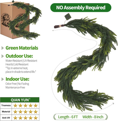 6FT Artificial Norfolk Pine Garland – Real Touch Greenery Garland, Dense Green Plants for Indoor Outdoor Christmas, Holiday, and Home Decoration (2, 6FT-)