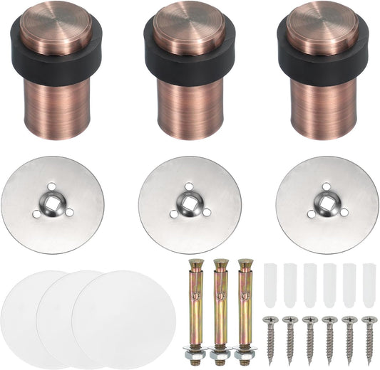 PATIKIL 3Set Round Door Stoppers, 60mm Stainless Steel Door Stop Doorstop Wedge Metal Cylinder Self Adhesive with Screw for Bottom of Door Floor Inside, Gold Tone