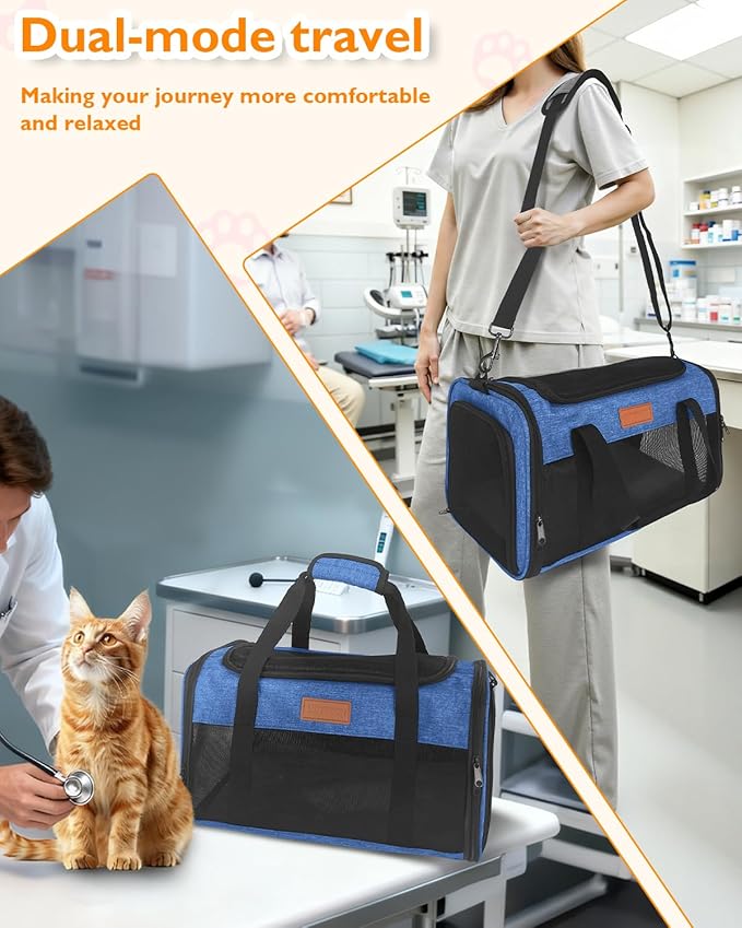 PETUX TSA Approved Pet Carrier in Cabin - 17"x11"x9.5", Underseat, Soft Sided Cat Carriers with Safety Zippers and Anti-Scratch Mesh for Small Cat up to 12 lb, Ideal for Travel and Vet Visit, Blue