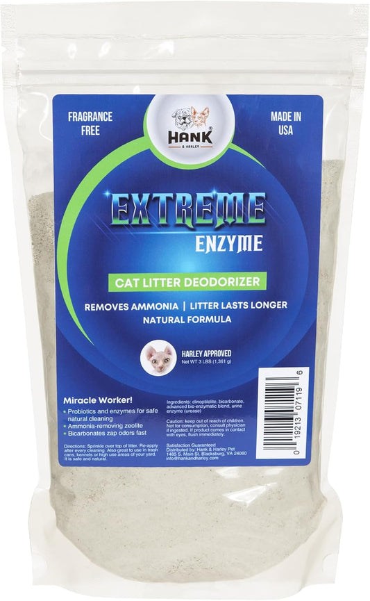 Extreme Enzyme CAT Litter Odor Eliminator, 3 lbs. Triple-Action Deodorizing Powder with Natural enzymes, Ammonia Remover and Activated Baking soda. Made in USA with no Harsh Chemicals or perfumes!