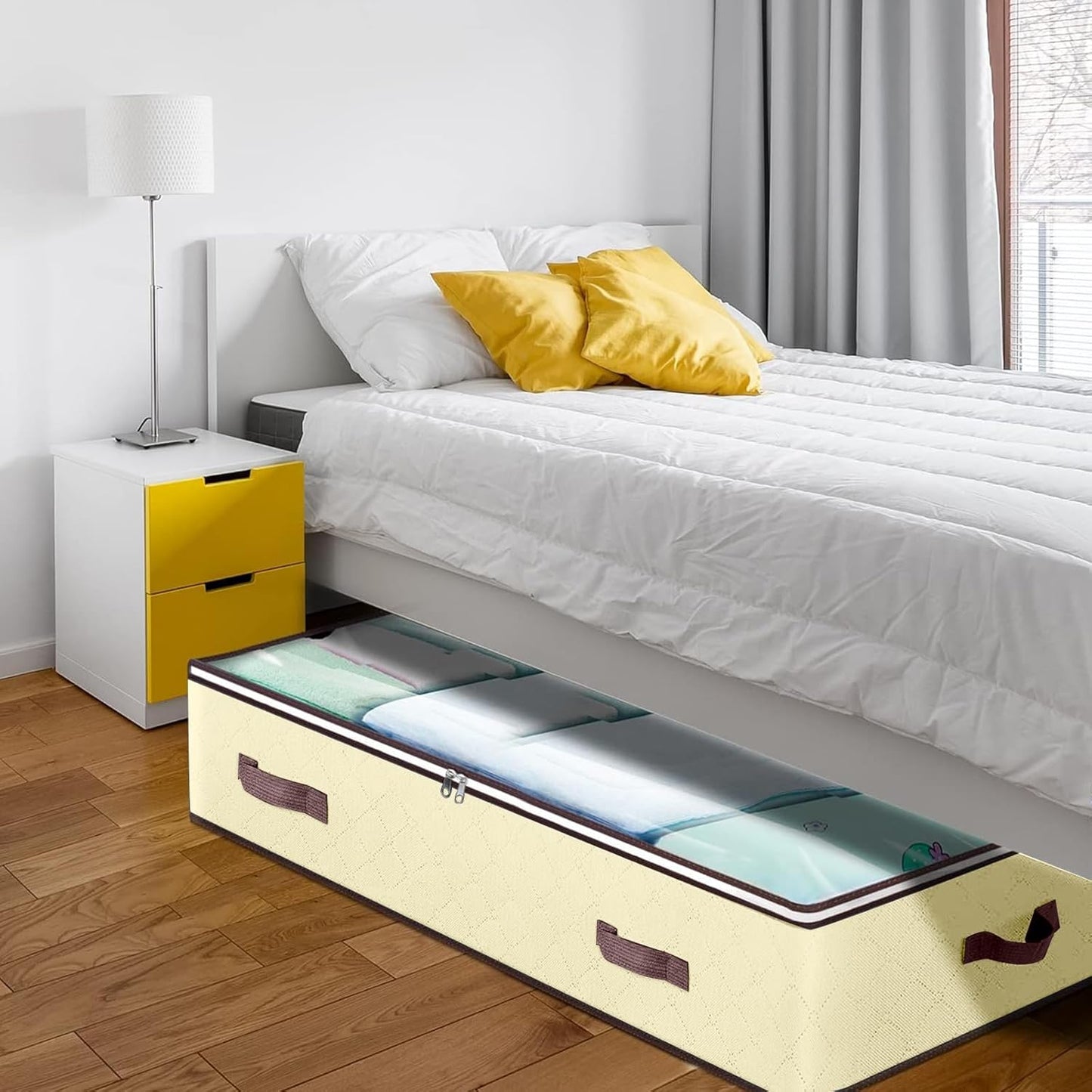 Budding Joy 6 Pack 90L Under bed Storage Containers Organizer Large Capacity Underbed Clothes Storage Bins Organization and Storage Bedroom Foldable Storage Bags with Clear Window Beige