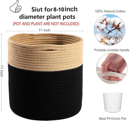 Woven Cotton Rope Plant Basket for 10" Flower Pot Floor Indoor Planters Flower Pot, Home Decor Storage Organizer H11 x W11 Black&Brown