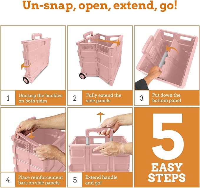 Inspired Living Ultra-Slim Rolling Collapsible Storage Pack-N-Roll Utility-carts, with Telescopic Handle, for Home, Garden, Shopping, Office, School use, Large, Raspberry Pink