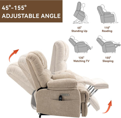 Large Power Lift Recliner Chair with Massage and Heat for Elderly, Ergonomic Backrest, Infinite Adjust, 2 Side Pockets,USB and Type-C Ports, Chenille Beige