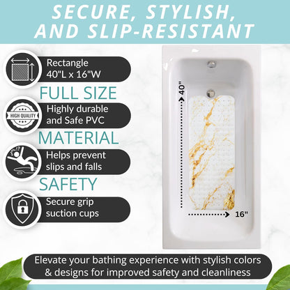 ENKOSI Bath Mat – Large 40 x 16 Inch Non-Slip Bathtub Mat with Secure Suction Cups & Drain Holes – Extra Long Bathroom Shower Mat for Tub with Marble Gold Design (40x16 Marble Gold)