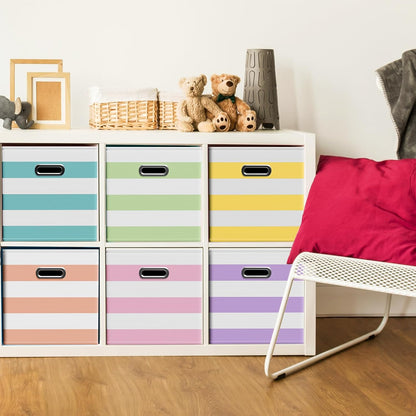 6 Pcs Fabric Storage Cubes Bins with Metal Handle Christmas Storage Bin 11 Inch Macaron Colored Striped Collapsible Bins Holiday Storages Organizer for Gift Books Kids Room Closet and Toys