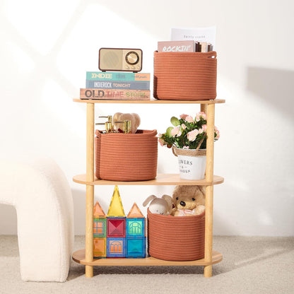Small Basket for Organizing | Cube Shelf Closet Storage Baskets | 9.7×9.7×7.1” | Woven Rope Gift Basket | Nursery | Round 3 Packs Oxide Red