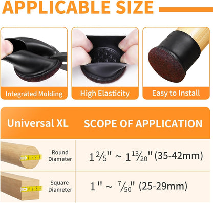 Ezprotekt 8 Pcs Extra Large Chair Leg Protectors with Felt, Silicone Felt Furniture Pads, Floor Protectors for Chair, Bar Stools Leg Protectors Caps, Table Leg Cups Covers (XL Fit: 1.4"-1.65", Black)