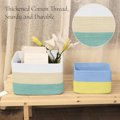 Hopegiver Woven Storage Baskets 15x11x10 Inch, 1 Pack Collapsible Cube Storage Bin for Shelves - Foldable Cotton Rope Organizer Bins for Towels, Toys, Books, Closet, Nursery (White Cream Green)