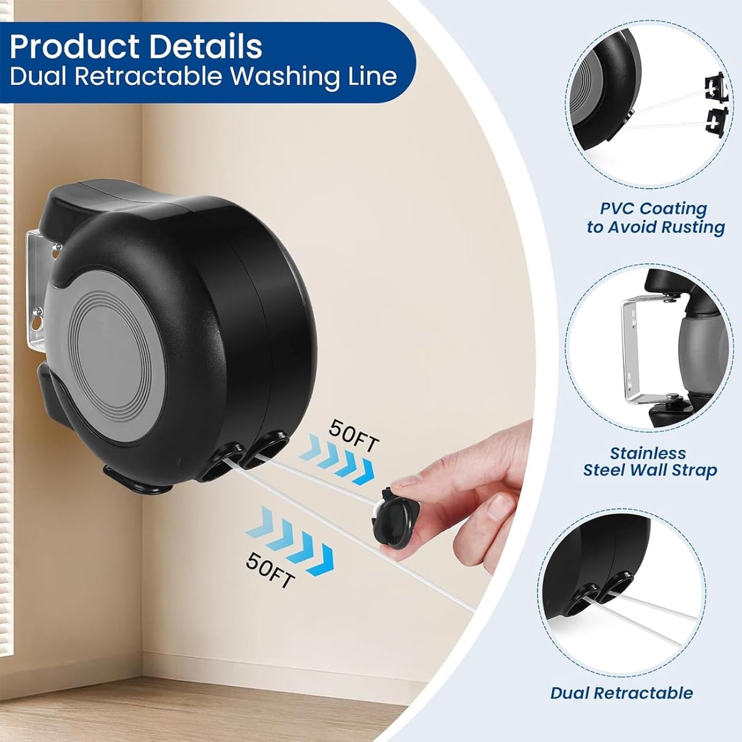 Retractable Double Clothesline – 49 ft x 2 Heavy Duty Clothes Line for Indoor & Outdoor Use, Dual Laundry Line with Easy Installation (Grey Black)