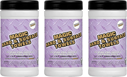 Magic Heavy Duty Cleaning Wipes - Single Sided Hand & Surface Shop Towels | Professional-grade Cleaning | Waterless | Moisturizing | Cleans Grease, Oil, Dirt, & more (3 Pack | 75 Sheets Total)