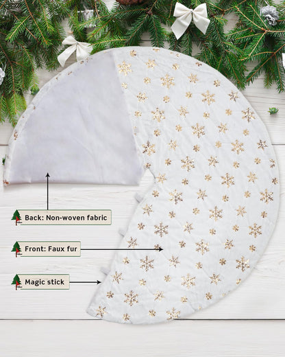 COOLWUFAN 48 Inches Christmas Tree Skirt for Xmas Tree Holiday Party Decoration White Plush Gold Sequin Snowflake (Gold)