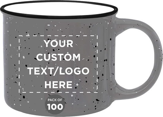 DISCOUNT PROMOS Custom Ceramic Campfire Coffee Mugs 13 oz. Set of 100, Personalized Bulk Pack - Perfect for Tea, Espresso, Cappuccino, Hot Cocoa - Grey