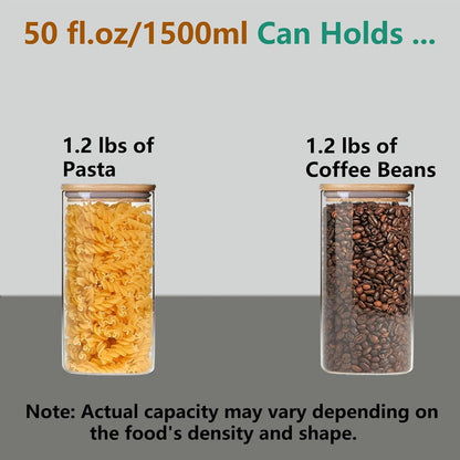 Square Glass Jars Canister with Wood Lid 50 FL OZ [Set of 3], Container Jar with Sealing, Lids for Oat Pasta Flour Cereal Rice Sugar Tea Coffee Beans, Best for Kitchen & Pantry